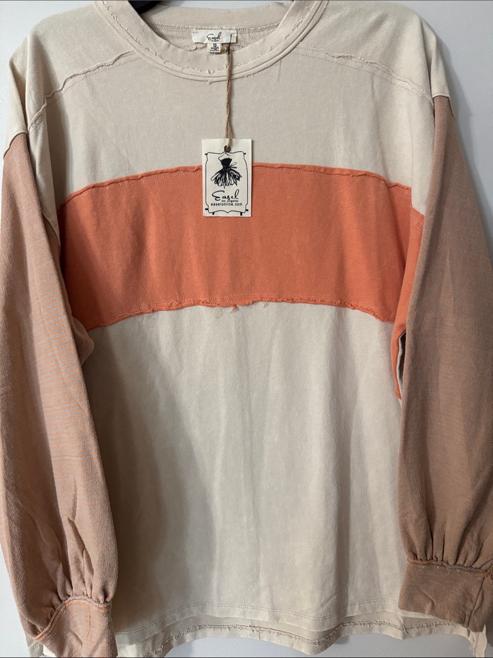 Easel Cream & Coral-Stripe Long Sleeve Tunic, top, shirt. Color block raw edges